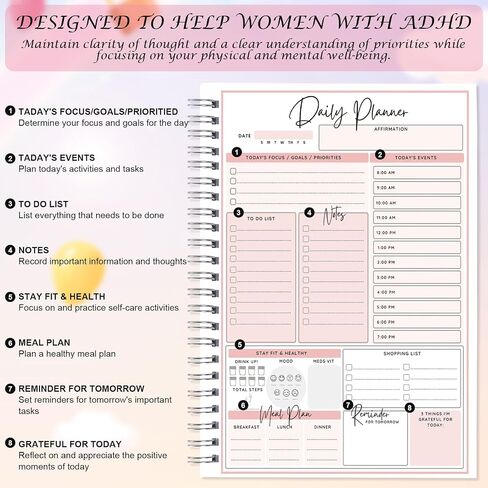 ADHD Daily Planner للبالغين - Pink Bow Daily Plannner مع قيام القائمة الجدول الزمني لحركة الذات Coquete إدارة المهام غير المؤرخة منظم التركيز الكامل للنساء العصبي الرجال الرجال in Saudi Arabia