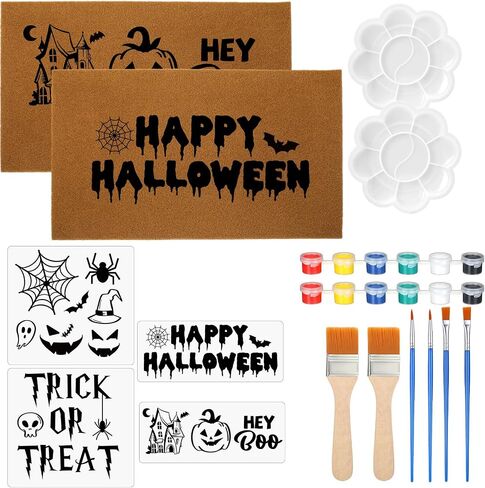 Chunful 2 Pack Halloween DIY Coir Coconut Doormats 17" x 30" with Happy Halloween Stencils Acrylic Paint Paintbrush Palette Blank Door Mats for Crafting Entry Personalized Rug with Non-Slip Backing in Saudi Arabia