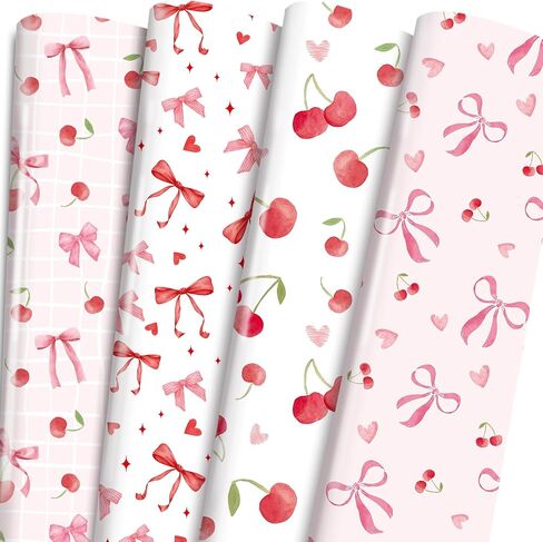 Coquettte Cherry Bow Wrapping Paper - 12 Sheet Cherry Bows Tie Ribbon Gift Wrap, Sweet Cute Pink and Red Wrappaper for Women Girls Birthday Baby Shower Bachelorette DIY Crafts, 19.7 x 27.5 Inch in Saudi Arabia