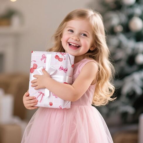 Coquettte Cherry Bow Wrapping Paper - 12 Sheet Cherry Bows Tie Ribbon Gift Wrap, Sweet Cute Pink and Red Wrappaper for Women Girls Birthday Baby Shower Bachelorette DIY Crafts, 19.7 x 27.5 Inch in Saudi Arabia