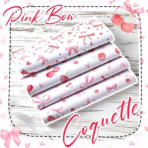 Coquettte Cherry Bow Wrapping Paper - 12 Sheet Cherry Bows Tie Ribbon Gift Wrap, Sweet Cute Pink and Red Wrappaper for Women Girls Birthday Baby Shower Bachelorette DIY Crafts, 19.7 x 27.5 Inch in Saudi Arabia