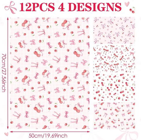 Coquettte Cherry Bow Wrapping Paper - 12 Sheet Cherry Bows Tie Ribbon Gift Wrap, Sweet Cute Pink and Red Wrappaper for Women Girls Birthday Baby Shower Bachelorette DIY Crafts, 19.7 x 27.5 Inch in Saudi Arabia