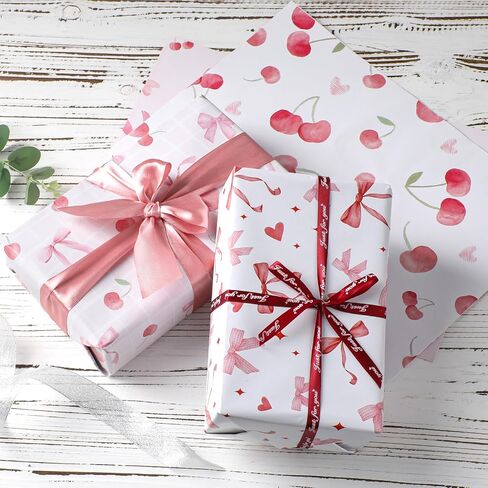 Coquettte Cherry Bow Wrapping Paper - 12 Sheet Cherry Bows Tie Ribbon Gift Wrap, Sweet Cute Pink and Red Wrappaper for Women Girls Birthday Baby Shower Bachelorette DIY Crafts, 19.7 x 27.5 Inch in Saudi Arabia