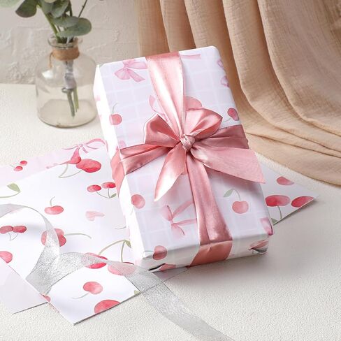 Coquettte Cherry Bow Wrapping Paper - 12 Sheet Cherry Bows Tie Ribbon Gift Wrap, Sweet Cute Pink and Red Wrappaper for Women Girls Birthday Baby Shower Bachelorette DIY Crafts, 19.7 x 27.5 Inch in Saudi Arabia