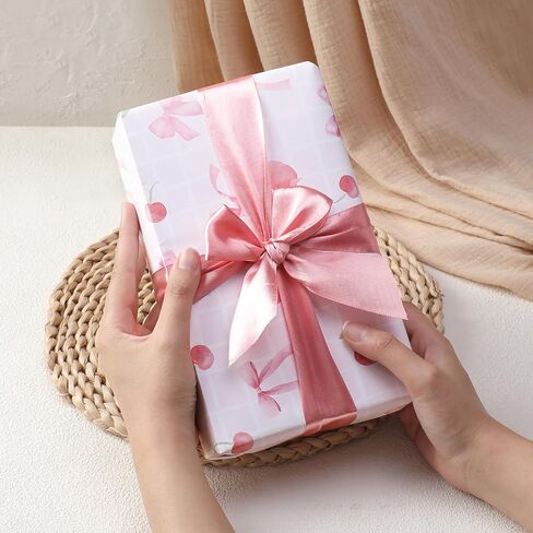 Coquettte Cherry Bow Wrapping Paper - 12 Sheet Cherry Bows Tie Ribbon Gift Wrap, Sweet Cute Pink and Red Wrappaper for Women Girls Birthday Baby Shower Bachelorette DIY Crafts, 19.7 x 27.5 Inch in Saudi Arabia