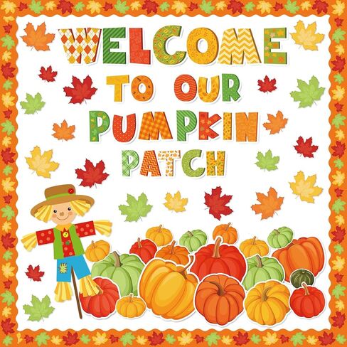 85Pcs Fall Bulletin Board Decoration Set Orange Green Pumpkin Maple Leaves Scarecrow Paper Cutouts with Glue Points for Autumn Thanksgiving Back to School Classroom in Saudi Arabia