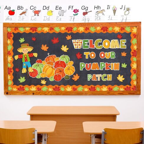 85Pcs Fall Bulletin Board Decoration Set Orange Green Pumpkin Maple Leaves Scarecrow Paper Cutouts with Glue Points for Autumn Thanksgiving Back to School Classroom in Saudi Arabia