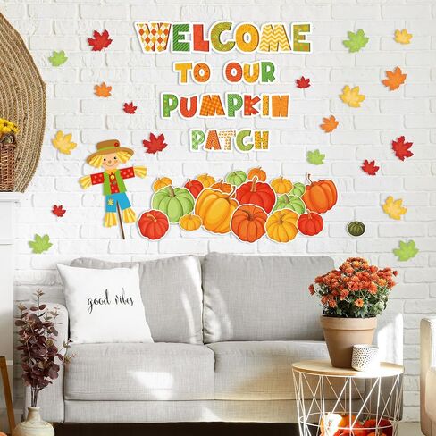 85Pcs Fall Bulletin Board Decoration Set Orange Green Pumpkin Maple Leaves Scarecrow Paper Cutouts with Glue Points for Autumn Thanksgiving Back to School Classroom in Saudi Arabia