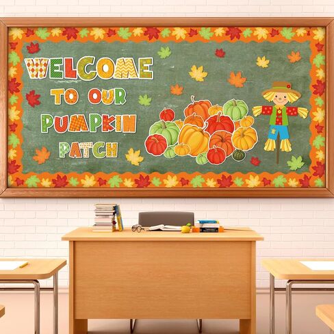 85Pcs Fall Bulletin Board Decoration Set Orange Green Pumpkin Maple Leaves Scarecrow Paper Cutouts with Glue Points for Autumn Thanksgiving Back to School Classroom in Saudi Arabia