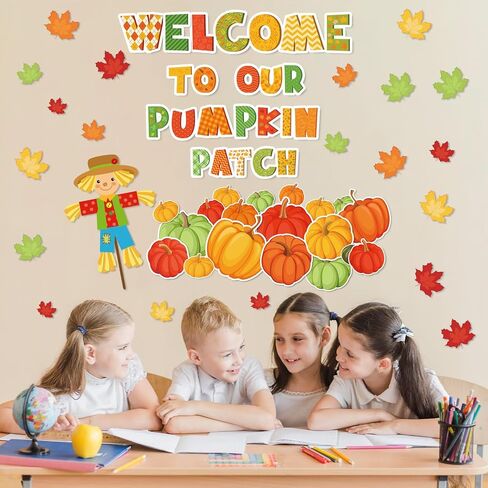 85Pcs Fall Bulletin Board Decoration Set Orange Green Pumpkin Maple Leaves Scarecrow Paper Cutouts with Glue Points for Autumn Thanksgiving Back to School Classroom in Saudi Arabia