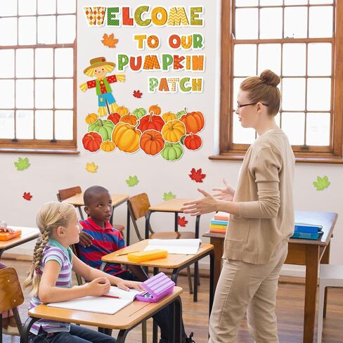 85Pcs Fall Bulletin Board Decoration Set Orange Green Pumpkin Maple Leaves Scarecrow Paper Cutouts with Glue Points for Autumn Thanksgiving Back to School Classroom in Saudi Arabia