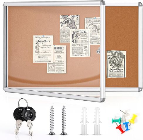 Leinuosen 36" x 24" Lockable Enclosed Cork Bulletin Board, Wall Mounted Display Case for Office, Classroom, Apartment, School, Holds 9 A4, Weatherproof Design, Aluminum Frame (Brown) in Saudi Arabia
