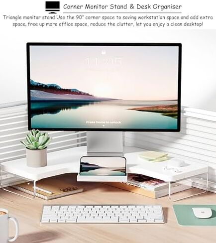 Clear Acrylic Corner Monitor Stand with Wood Legs, L-Shaped Triangle Riser for Monitor/Laptop/Computer, Stylish Corner Organizer with Drawer (White) in Saudi Arabia