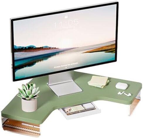Clear Acrylic Corner Monitor Stand with Wood Legs, L-Shaped Triangle Riser for Monitor/Laptop/Computer, Stylish Corner Organizer with Drawer (White) in Saudi Arabia