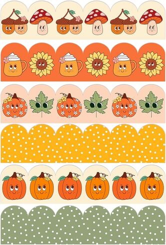 Whaline 60 Pcs Fall Cartoon Bulletin Board Borders Retro Pumpkin Leaves Mushroom Scalloped Border Trim Autumn Self-Adhesive Sticker for Thanksgiving Harvest Party School Home Classroom Wall Decor in Saudi Arabia