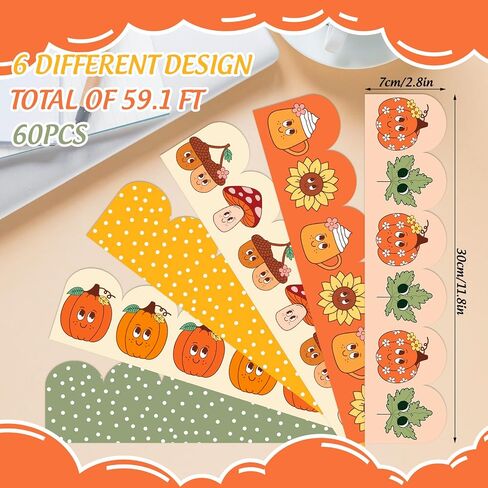 Whaline 60 Pcs Fall Cartoon Bulletin Board Borders Retro Pumpkin Leaves Mushroom Scalloped Border Trim Autumn Self-Adhesive Sticker for Thanksgiving Harvest Party School Home Classroom Wall Decor in Saudi Arabia