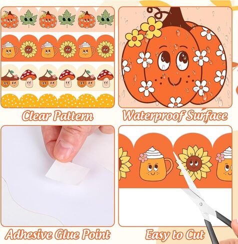 Whaline 60 Pcs Fall Cartoon Bulletin Board Borders Retro Pumpkin Leaves Mushroom Scalloped Border Trim Autumn Self-Adhesive Sticker for Thanksgiving Harvest Party School Home Classroom Wall Decor in Saudi Arabia
