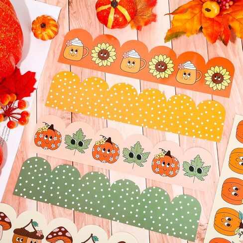Whaline 60 Pcs Fall Cartoon Bulletin Board Borders Retro Pumpkin Leaves Mushroom Scalloped Border Trim Autumn Self-Adhesive Sticker for Thanksgiving Harvest Party School Home Classroom Wall Decor in Saudi Arabia