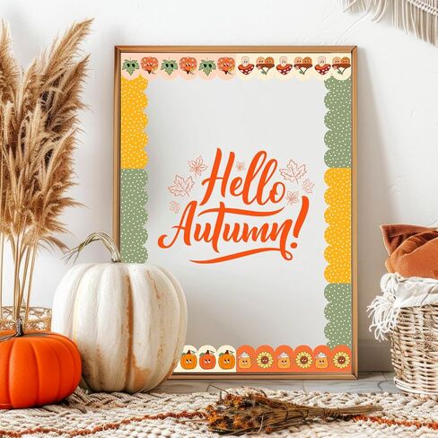 Whaline 60 Pcs Fall Cartoon Bulletin Board Borders Retro Pumpkin Leaves Mushroom Scalloped Border Trim Autumn Self-Adhesive Sticker for Thanksgiving Harvest Party School Home Classroom Wall Decor in Saudi Arabia