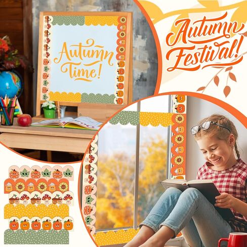Whaline 60 Pcs Fall Cartoon Bulletin Board Borders Retro Pumpkin Leaves Mushroom Scalloped Border Trim Autumn Self-Adhesive Sticker for Thanksgiving Harvest Party School Home Classroom Wall Decor in Saudi Arabia