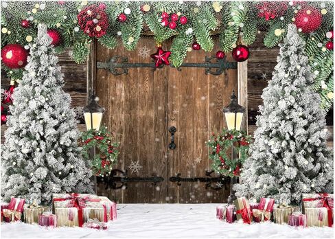 WOLADA Christmas Backdrop Christmas Photo Backdrop Christmas Backdrops for Photography Rustic Christmas Backdrop Christmas Barn Door Backdrops for Photography Xmas Tree Snow Backdrop 7x5FT 12585 in Kuwait