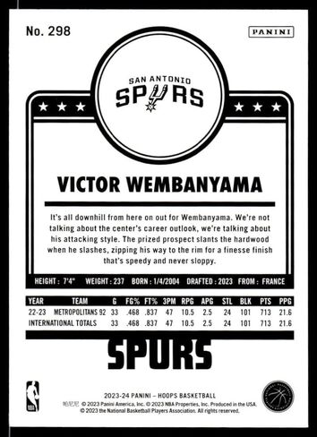 2023-24 Hoops #298 Victor Wembanyama RC Rookie San Antonio Spurs NBA Basketball Trading Card in Saudi Arabia
