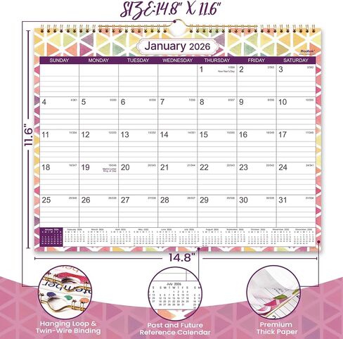 2026 Calendar - 2026 Wall Calendar - Jan 2026 - Dec 2026, 15" x 11.5", 2026 Calendar Wall with Lined Blocks, Julian Date and Holidays, Hanging Hook - Perfect Home, School, Office Planning Tool in Saudi Arabia