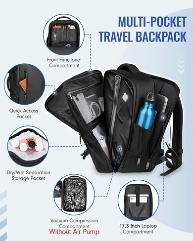 MATEIN Vacuum Seal Backpack Travel, Waterproof Carry on Backpack with Vacuum Compression for Airplanes, TSA Personal Item Travel Bag Fits 17 inch Laptop, Large Airline Approved Luggage Suitcase, Black in Saudi Arabia