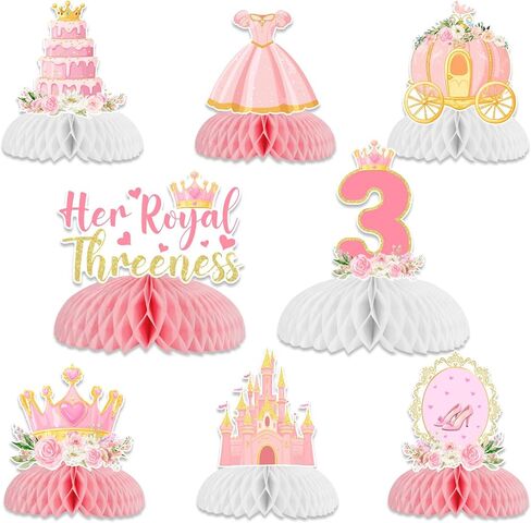Sursurprise Princess 3rd عيد ميلاد ديكورات حفلة ، 8pcs لها Thereness Thereness قرص العسل المركزية القبعات العليا للفتيات ، تحت عنوان الأميرة 3 سنوات لوازم حفلة عيد ميلاد عمرها 3 سنوات in Saudi Arabia