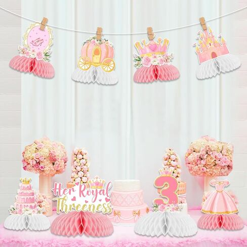 Sursurprise Princess 3rd عيد ميلاد ديكورات حفلة ، 8pcs لها Thereness Thereness قرص العسل المركزية القبعات العليا للفتيات ، تحت عنوان الأميرة 3 سنوات لوازم حفلة عيد ميلاد عمرها 3 سنوات in Saudi Arabia