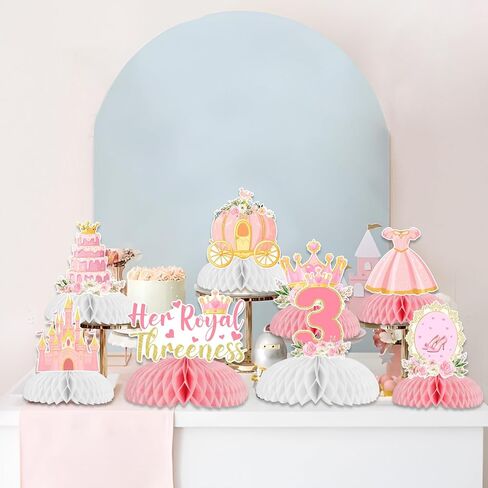 Sursurprise Princess 3rd عيد ميلاد ديكورات حفلة ، 8pcs لها Thereness Thereness قرص العسل المركزية القبعات العليا للفتيات ، تحت عنوان الأميرة 3 سنوات لوازم حفلة عيد ميلاد عمرها 3 سنوات in Saudi Arabia