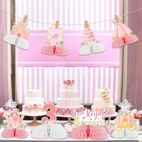 Sursurprise Princess 3rd عيد ميلاد ديكورات حفلة ، 8pcs لها Thereness Thereness قرص العسل المركزية القبعات العليا للفتيات ، تحت عنوان الأميرة 3 سنوات لوازم حفلة عيد ميلاد عمرها 3 سنوات in Saudi Arabia