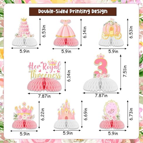 Sursurprise Princess 3rd عيد ميلاد ديكورات حفلة ، 8pcs لها Thereness Thereness قرص العسل المركزية القبعات العليا للفتيات ، تحت عنوان الأميرة 3 سنوات لوازم حفلة عيد ميلاد عمرها 3 سنوات in Saudi Arabia