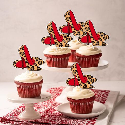 Leopard Print High Heel Cupcake Topper 24PCS Stiletto Heels Cake Decorations Girls Makeup Bachelorette Birthday Bridal Shower Supplies for Women Night Out Hen Movie Theme Decor in Saudi Arabia