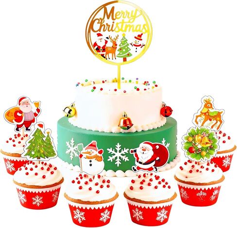 25 pcs Acrylic Merry Christmas Cake Topper&Christmas Cupcake Toppers Picks Cake Dessert Decorations Stick Toothpicks Xmas Party Supplies in Saudi Arabia