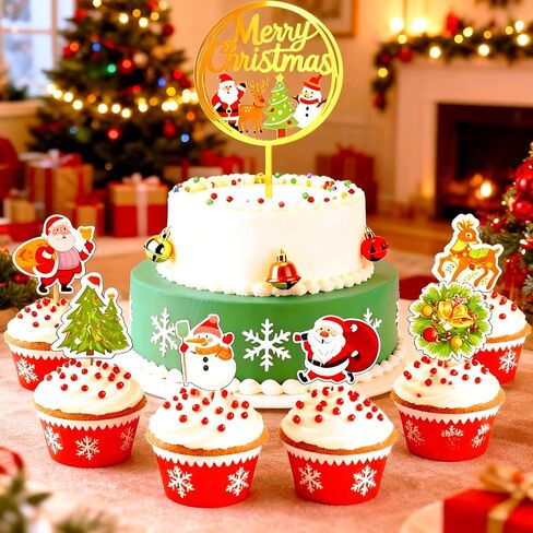 25 pcs Acrylic Merry Christmas Cake Topper&Christmas Cupcake Toppers Picks Cake Dessert Decorations Stick Toothpicks Xmas Party Supplies in Saudi Arabia