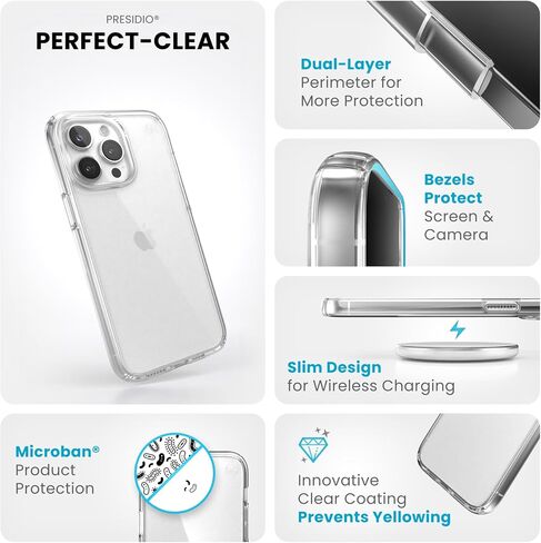 حافظة Speck Clear iPhone 15 Pro - ClickLock مانعة للانزلاق، مصممة لـ MagSafe، حماية من السقوط - مقاومة للخدش، مضادة للأصفر، حافظة هاتف 6.1 بوصة - Presidio Clear/Chrome in Kuwait