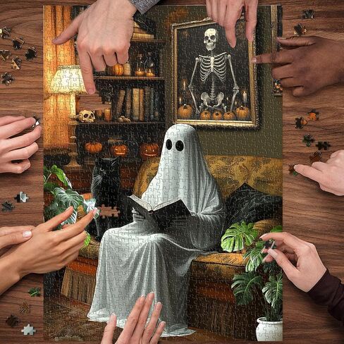 Halloween Ghost Puzzles for Adults 1000 Pieces，PICKFORU Horror Cat Jigsaw Puzzle Kitten, Impossible Spooky Living Room Art Theme, Challenging for Adults in Saudi Arabia