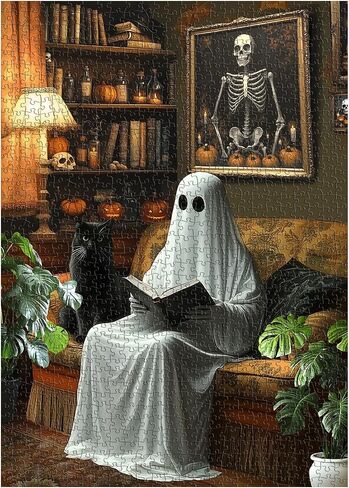 Halloween Ghost Puzzles for Adults 1000 Pieces，PICKFORU Horror Cat Jigsaw Puzzle Kitten, Impossible Spooky Living Room Art Theme, Challenging for Adults in Saudi Arabia