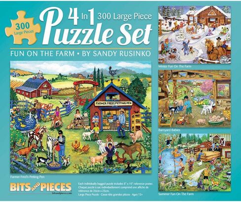 Bits and Pieces – 4-in-1 Multi-Pack 300 Piece Jigsaw Puzzles for Adults – Fun on The Farm by Artist Sandy Rusinko, Completed Puzzle Size: 16" x 20" in Saudi Arabia