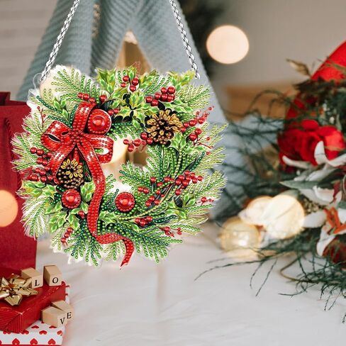 INCOK Christmas Wreath Diamond Art Hanging Kits - DIY Merry Christmas Diamond Painting Ornament for Adult 5D Rhinestone Gem Art Craft Wall Home Garden Hanging Decor Xmas Holiday Gift for Beginners in Saudi Arabia