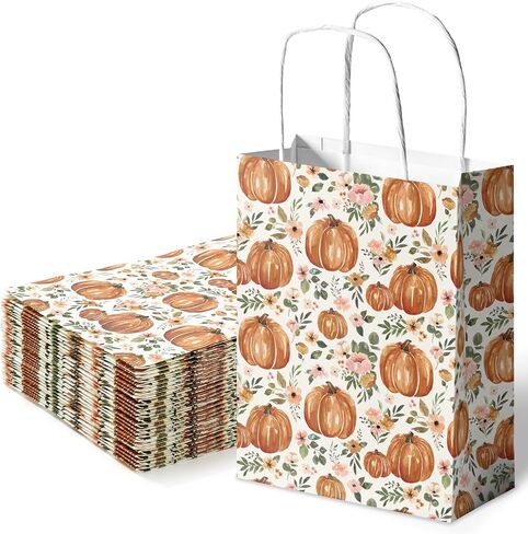 Whaline 24Pcs Fall Floral Pumpkin Gift Bags with Handle Watercolor Rustic Autumn Flower Pumpkin Paper Party Favor Bags Treat Goodie Bags for Thanksgiving, 5.9 x 8.3 x 3.1 Inch in Saudi Arabia