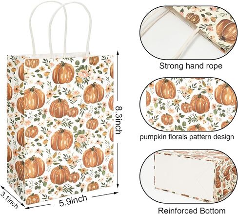 Whaline 24Pcs Fall Floral Pumpkin Gift Bags with Handle Watercolor Rustic Autumn Flower Pumpkin Paper Party Favor Bags Treat Goodie Bags for Thanksgiving, 5.9 x 8.3 x 3.1 Inch in Saudi Arabia