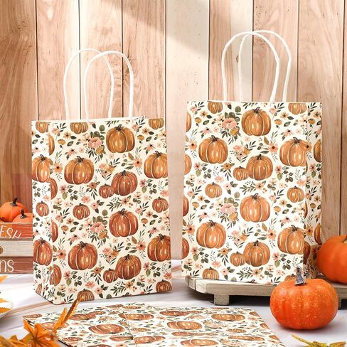 Whaline 24Pcs Fall Floral Pumpkin Gift Bags with Handle Watercolor Rustic Autumn Flower Pumpkin Paper Party Favor Bags Treat Goodie Bags for Thanksgiving, 5.9 x 8.3 x 3.1 Inch in Saudi Arabia
