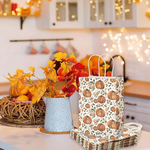 Whaline 24Pcs Fall Floral Pumpkin Gift Bags with Handle Watercolor Rustic Autumn Flower Pumpkin Paper Party Favor Bags Treat Goodie Bags for Thanksgiving, 5.9 x 8.3 x 3.1 Inch in Saudi Arabia