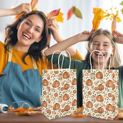 Whaline 24Pcs Fall Floral Pumpkin Gift Bags with Handle Watercolor Rustic Autumn Flower Pumpkin Paper Party Favor Bags Treat Goodie Bags for Thanksgiving, 5.9 x 8.3 x 3.1 Inch in Saudi Arabia
