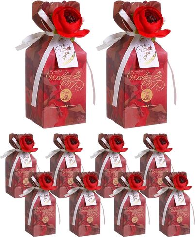 Liobelon 10 Pieces Floral Gift Boxes, Petal Shaped Candy Treat Box 3D Flower Candy Boxes With Ribbons for Flower Themed Party, Bridal Shower, Wedding, Engagement Candy Table Decorations (Pink) in Saudi Arabia