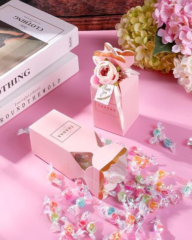 Liobelon 10 Pieces Floral Gift Boxes, Petal Shaped Candy Treat Box 3D Flower Candy Boxes With Ribbons for Flower Themed Party, Bridal Shower, Wedding, Engagement Candy Table Decorations (Pink) in Saudi Arabia
