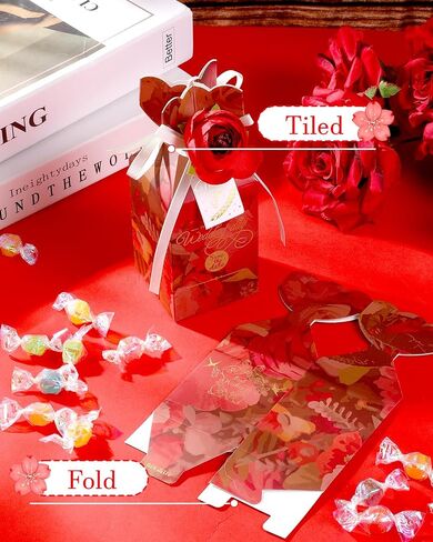 Liobelon 10 Pieces Floral Gift Boxes, Petal Shaped Candy Treat Box 3D Flower Candy Boxes With Ribbons for Flower Themed Party, Bridal Shower, Wedding, Engagement Candy Table Decorations (Pink) in Saudi Arabia