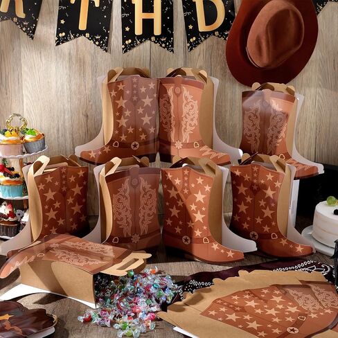 Mooliwe 12 Pcs Cowboy Cowgirl Boots Party Favors Gift Boxes Western Party Decoration Treat Bags Wild West Candy Cookie Boxes for Last Rodeo Bachelorette Theme Birthday Supplies, 2 Designs(Brown) in Saudi Arabia